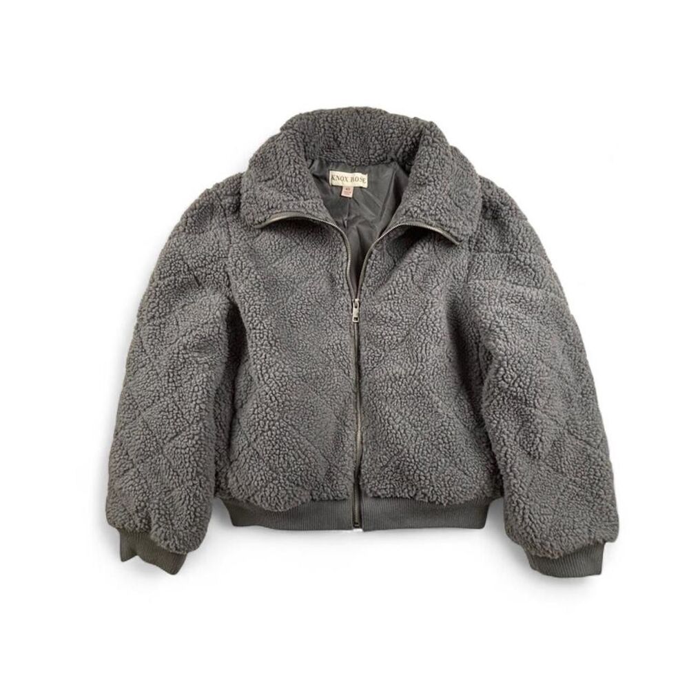 Knox Rose Grey Sherpa Bomber Jacket Womens XS Cozy Fleece Cropped Teddy Coat
